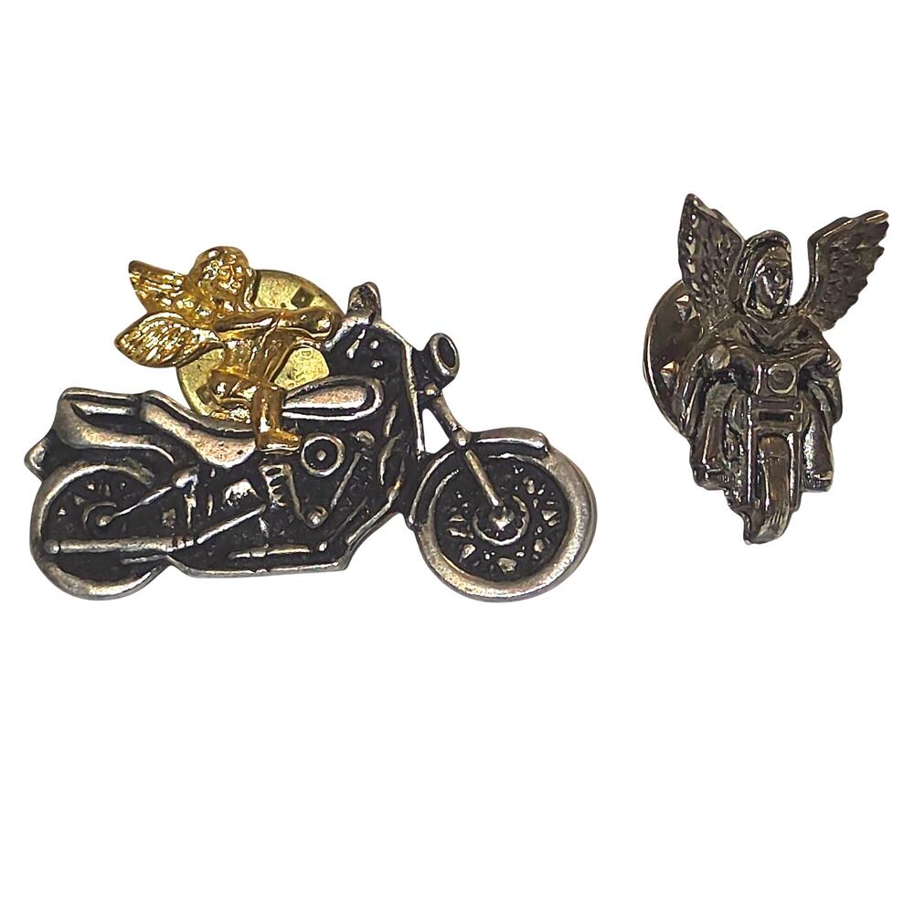 2pc Guardian Angel Motorcycle Pins Pewter Gold Tone Biker Lapel Hat Pair Vintage